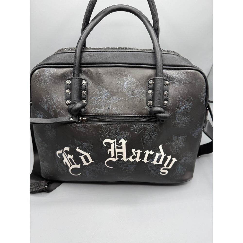Ed Hardy Black Tattoo Satchel Broken Hearts Fairytales Crossbody Bag Studded - Picture 16 of 16